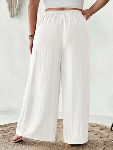 SHEIN CURVE+ 大码女装夏季休闲沙滩装，时尚商务通勤优雅阔腿裤，带口袋，莲花粉，夏季长裤，夏季/乡村/沙滩度假装/沙滩装/沙滩服饰 - 白色 - 查看 2
