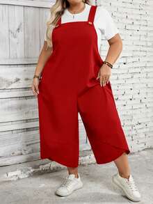 SHEIN CURVE+ Quần yếm nữ cỡ lớn màu đen với dây đeo có thể điều chỉnh, cài nút và túi ở ống quần xẻ tà, thích hợp cho mùa xuân. - Đỏ - Xem 3