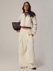 MUSERA Pantalones jogger con detalle de pliegues, cintura elástica y pernera ancha, atuendo casual y femenino para primavera - Crema - Ver 1