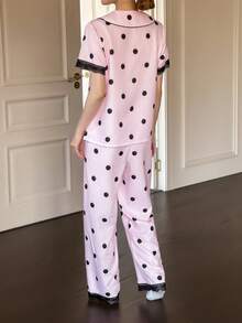 SHEIN Napfluff 仿丝绸波点饰边开衫睡衣套装 - 粉色 - 查看 2