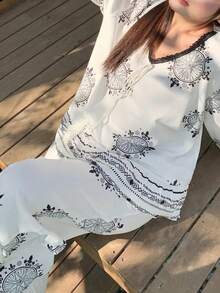 Dazy Plus 2 pezzi/Set Pigiama con top e pantaloni eleganti e morbidi con stampa floreale, taglie forti per donna, primavera/estate/autunno - Bianco e nero - Visualizzare 1