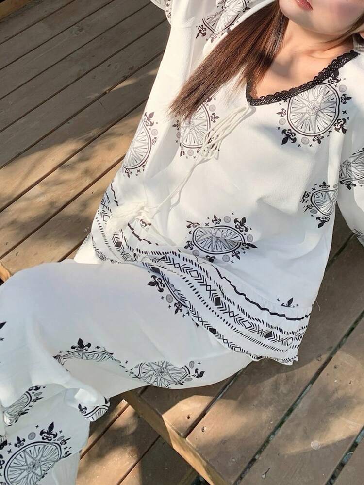 Dazy Plus 2pcs/Set Print Floral Pattern Loose Elegant Top And Pants Pajama Set, Plus Size Women, Spring/Summer/Autumn