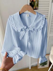 少女休闲校服翻领荷叶边纽扣前襟纹理编织长袖衬衫，返校季 - 淺藍色 - 查看 5