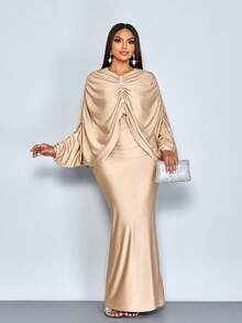 SOLERSUN Women's Autumn/Winter Solid Color Elegant And Romantic New Elegant Mature Charm Evening Gown, Dignified & Gentle,Button Decor Long Sleeve Graceful Mermaid Hem Bodycon Maxi Dress Fall Winter Cloth For Women Elegant Wear Party Wedding Vintage New Years - Khaki - View 5