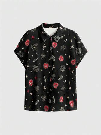 Goth Plus Size Mystical Eye, Moon & Element Print Casual Vacation Shirt