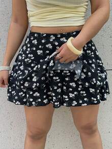 SHEIN EZwear 大码碎花层叠休闲半身裙短裤，春夏款 - 彩色 - 查看 4