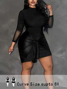 SHEIN CURVE+ Vestido mini ajustado de malla negra con parches para mujer de talla grande, moda de otoño - Negro - Ver 1