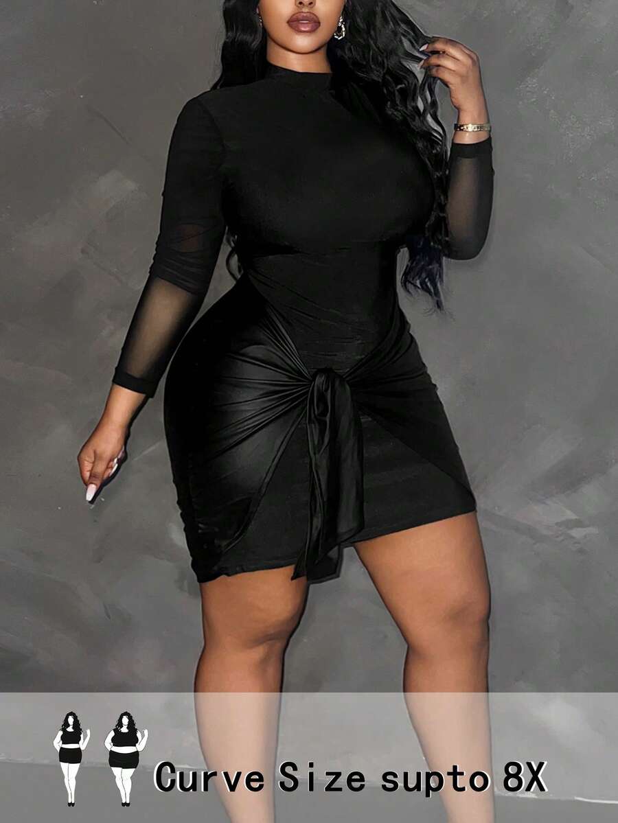 SHEIN CURVE+ Vestido mini ajustado de malla negra con parches para mujer de talla grande, moda de otoño - Negro - Ver 1
