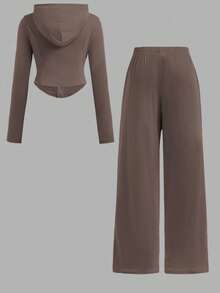 Tween Girls 2pcs Solid Hoodie Top And Wide Leg Pants Set, Casual For Spring/Autumn, Daily Wear - Mocha Brown - View 3