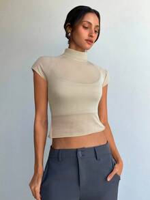 Aloruh Áo thun nữ tay ngắn cổ lọ dáng ôm mỏng chất liệu nỉ, thích hợp mặc đi chơi, mùa xuân/hè. - Màu be - Xem 7