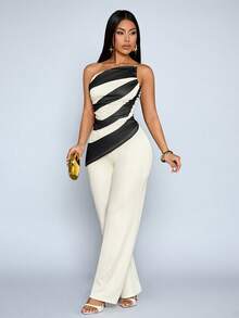 SOLERSUN 女士优雅新款度假风撞色不对称下摆上衣搭配带口袋阔腿裤两件套，适合度假和通勤穿着，日常两件套搭配。 - 杏色 - 查看 1