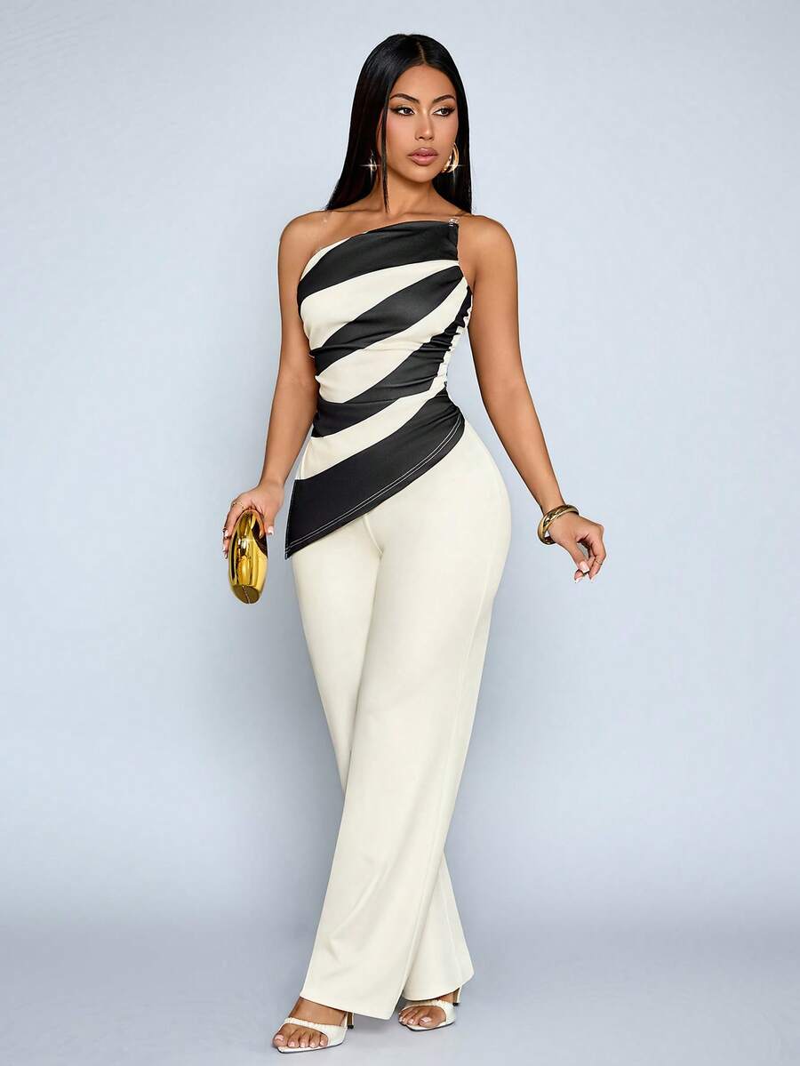 SOLERSUN 女士优雅新款度假风撞色不对称下摆上衣搭配带口袋阔腿裤两件套，适合度假和通勤穿着，日常两件套搭配。 - 杏色 - 查看 1