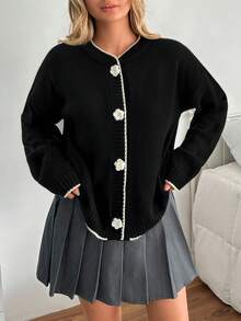 SHEIN Black Lightweight Knit Cardigan With Contrast Trim And 3D Flower Buttons Elegant Chic Long Sleeve Sweater Spring Outfit - Black - View 4
