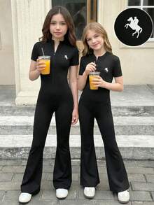 SHEIN Mono de punto de cuello redondo de manga larga informal para niñas preadolescentes - Negro - Ver 2