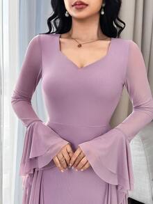 Feyla Vestido de mujer de unicolor elegante con mangas acampanadas y volantes en el bajo - Morado - Ver 3