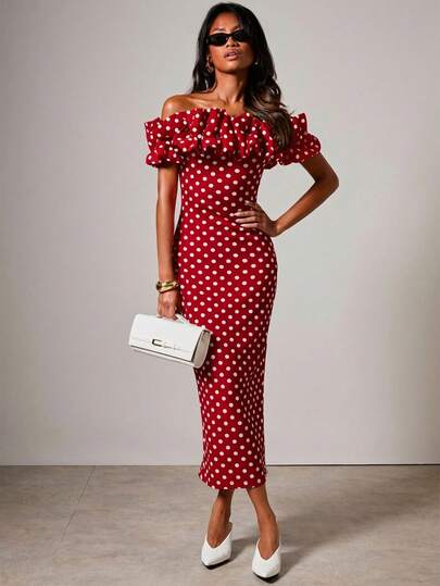 COSMINA Women's Elegant Commuter Polka Dot Print Off-Shoulder Mid-Length Dress, Polka Dot Dresses For Woman, Valentine's Day,Party ,Off Shoulder Dresses For Woman, Polkadot Dress, Pokadot Dress, Red Polka Dot Dress