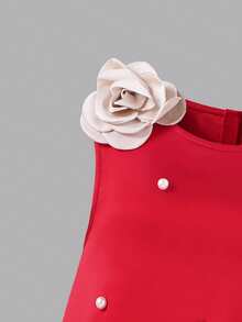 SHEIN 少女时尚派对宴会花卉3D装饰仿珍珠荷叶边无袖连衣裙 - 紅色 - View 4
