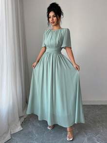 Elenzga 女士优雅雪纺长裙，浪漫法式西西里风格，适合休闲、通勤、度假、下午茶、派对等场合，纯色，圆领，腰部褶裥设计，层叠荷叶边下摆，有衬里，无袖，春夏款 - 薄荷藍 - 查看 6