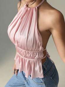 SHEIN EZwear Women's Pink Satin Backless Camisole, Valentine's Day Ladies Camisole - Pink - View 3