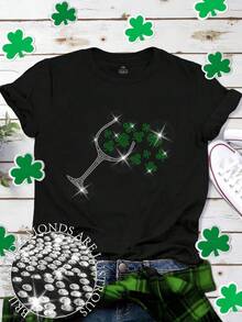 EMERY ROSE 加大码圣帕特里克节酒红色四叶草闪亮水钻图案圆领短袖T恤 - 黑色 - 查看 1