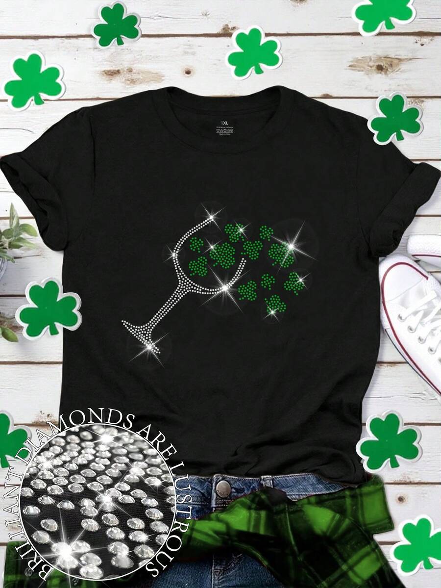 EMERY ROSE 加大码圣帕特里克节酒红色四叶草闪亮水钻图案圆领短袖T恤 - 黑色 - 查看 1