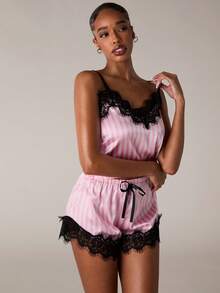 SHEIN BAE 对比色蕾丝条纹印花缎面睡衣套装/睡衣套装假日季节