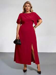 Auralis Elegant V-Neck Long Sleeve Fitted Maxi A-Line Dress, Suitable For Concerts, Performances, Dates, Formal Dinners, New Year Parties, Sexy, Commuting, Romantic, Office Wear, Mermaid Style, Birthday Party, Red Dress For Women/New Year's New Red Plus Size Round Neck Irregular Cap Sleeve Cape Faux Two-Piece Waist-Defining A-Line High Slit Plus Size Dress / Elegant And Dignified / Valentine's Day Burgundy Dress / Romantic Date / Sophisticated Outfit / Everyday Outfit / Influencer Style - Red - View 3