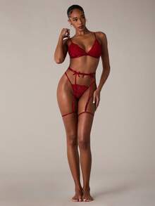 SHEIN BAE 3pcs Lingerie Set (Wireless Bra + G-String + Garter Belt With Leg Strap) - Burgundy - View 3