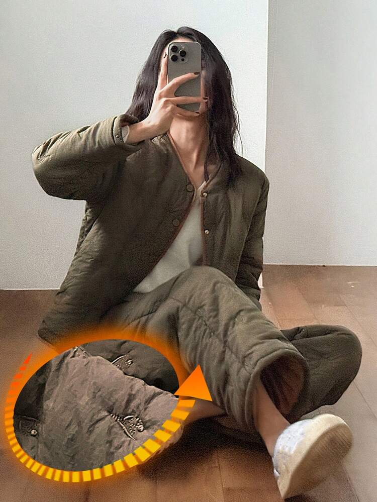 Thick Embroidered Contrast Trim Padded Women Pajama Set, Autumn/Winter