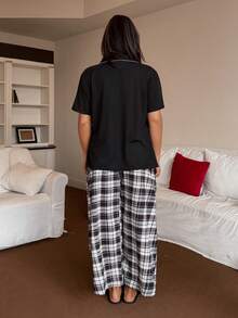 Dream Adore Plus Size Casual Button Decor Plaid Print Short Sleeve Pajama Set - Black - View 2