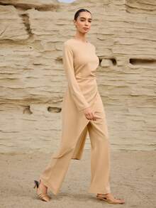Graceveil 女士纯色圆领不对称下摆长袖上衣和阔腿裤休闲套装 - 杏色 - 查看 5