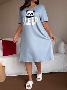 Dream Adore 大码女式熊猫字母印花休闲宽松圆领睡衣连衣裙，适合日常穿着 - 藍色 - 查看 7