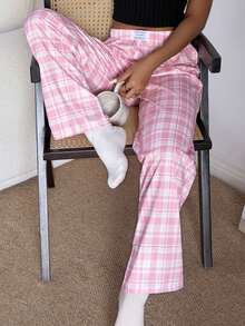 Dream Adore Women's Casual Pink Plaid Print Elastic Waist Straight Leg Pajama Pants Plaid Pajama Pants