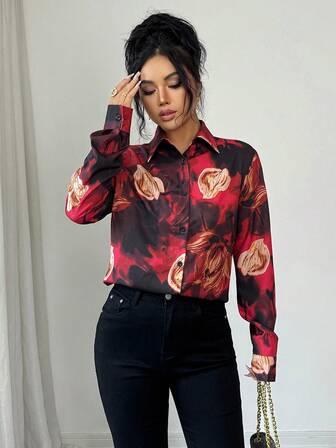 Franclia 女士宽松印花翻领长袖休闲复古衬衫，春夏款