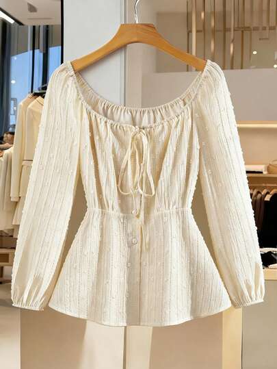 GlowEve CURVE 大码女式镂空缎带方领灯笼袖衬衫