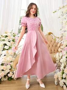 Vestido con mangas cortas y bordado de lentejuelas para adolescentes, adecuado para citas y ocasiones formales - Rosa - Ver 4