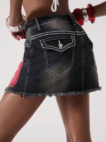 ROMWE Avant 女士复古学院风返校标语Logo刺绣牛仔紧身迷你裙 - 黑色 - 查看 6