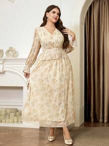 Veilorie Plus Size Elegant Floral Print Ruffle Hem Long Sleeve Dress, Autumn - Multicolor - View 4