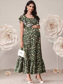 SHEIN 孕妇优雅碎花绒球装饰荷叶边连衣裙，夏季 - 綠色 - 查看 5