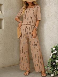 SHEIN Clasi 女士V领宽松印花两件套 - 杏色 - 查看 3