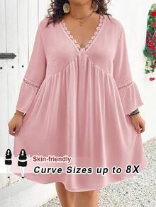 SHEIN CURVE+ Plus Size Holiday Casual White Flared Sleeve Bohemian Style Linen Dress Boho Vacation Plus Size Dress Plus Casual Dress Summer Plus Size Dress - Pink - View 3