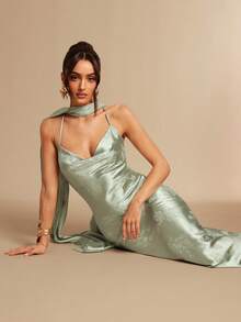 Silquee Đầm satin jacquard hở lưng chéo dành cho nữ, mùa xuân/hè. - màu xanh lá - Xem 7