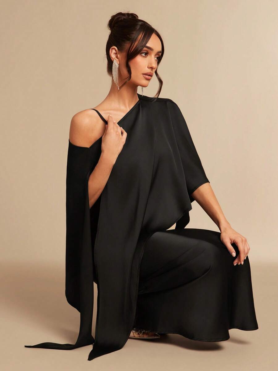 Silquee 纯色不对称领修身披肩连衣裙 - 黑色 - 查看 1