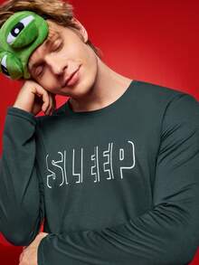 Manfinity Underwear&Sleepwear Basics Black Long Sleeve "SLEEP" Graphic Soft & Comfortable Men's Sleepwear Top