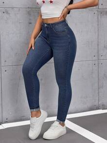 SHEIN Tall Women's High Waist Pockets Casual Versatile Skinny Jeans - Dark Wash - View 4