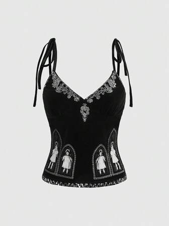 Goth Top ajustado de tirantes con cuello de lentejuelas con estampado de muñeca gótica oscura