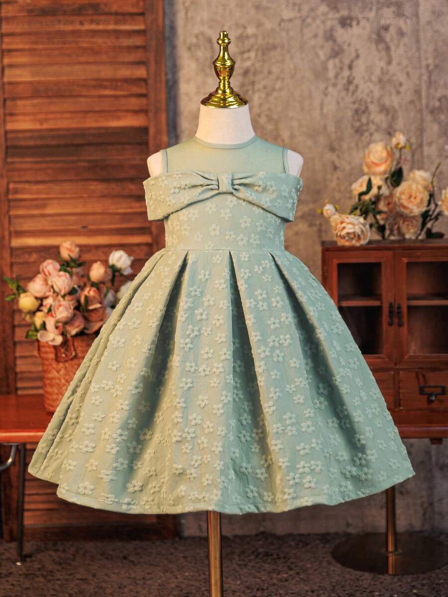 Glamorique Kids 年轻女孩纹理花卉镂空圆领优雅连衣裙 - 綠色 - 查看 1