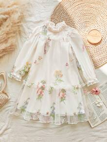 SHEIN Vintaside Kids 女童优雅公主风荷叶边领泡泡袖提花刺绣双层荷叶边下摆宽松公主裙，适合度假、旅行、派对、送礼、春秋季穿着。 - 彩色 - 查看 3