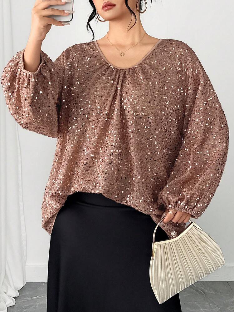 Dazy Plus Valentine Fashionable Sequin Loose A-Line Lantern Sleeve Blouse, Suitable For Spring/Summer Parties