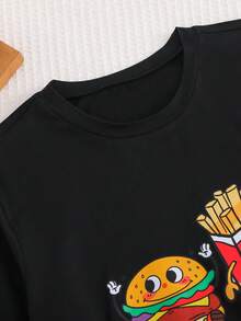 SHEIN 青少年男孩趣味食物图案印花长袖上衣和裤子休闲两件套睡衣 - 黑色 - 查看 4